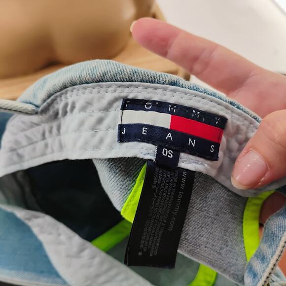 Vtg Tommy Hilfiger Jeans Adjustable Denim Baseball Flag Logo Cap Hat Leather Str - Picture 9 of 9